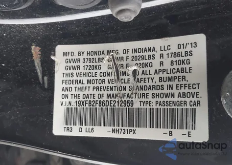 2013 Honda Civic Ex z USA, uszkodzony, nr VIN 19XFB2F86DE212959